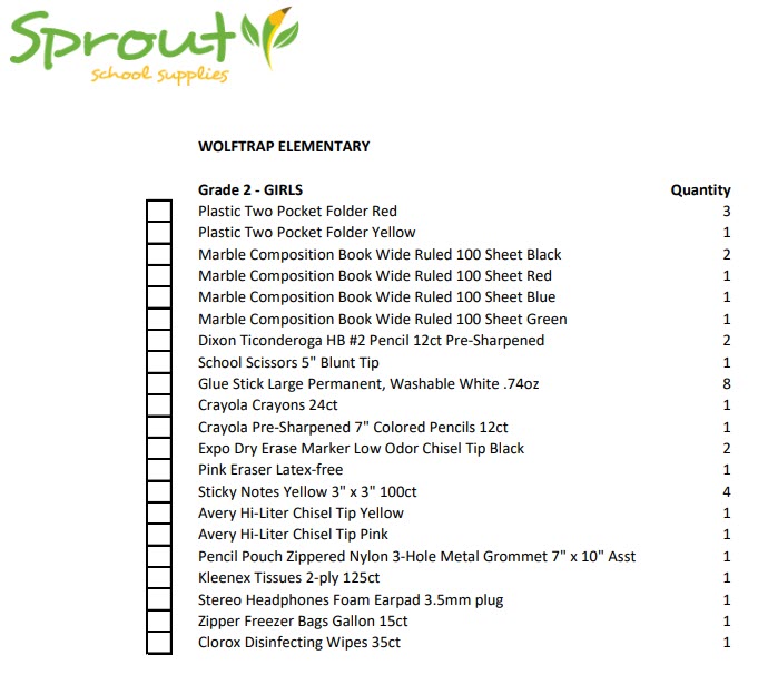 Second Grade Supply List Wolftrap Elementary School